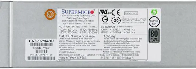 Main image of Supermicro PS PWS-1K23A-1R 1200W 1U Redundant Power Supply 80 PLUS Brown Box