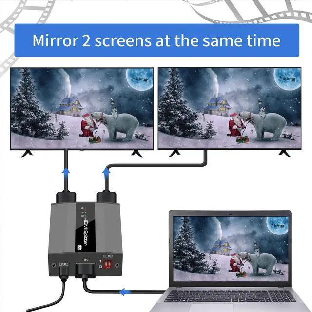 Alt view image 6 of 6 - HDMI Splitter 1 in 2 Out ,KUYiA 4K Aluminum Ver1.4 HDCP, Powered HDMI Splitter Supports 3D 4K@30HZ Full HD1080P for Xbox PS4 PS3 Fire Stick Roku Blu-Ray Player Apple TV HDTV