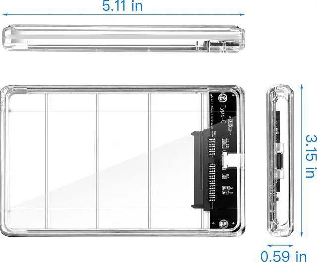 Alt view image 2 of 5 - 2.5' USB C External Hard Drive Enclosure, USB3.1 to SATA  Type C Portable Clear Hard Disk Case for 2.5 inch 7mm 9.5mm SATA HDD SSD, Support UASP SATA III, Max 4TB, Tool-Free Design