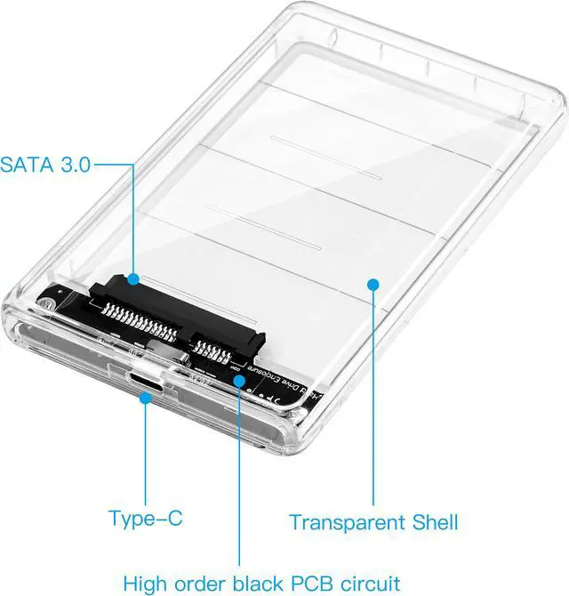 Alt view image 3 of 5 - 2.5' USB C External Hard Drive Enclosure, USB3.1 to SATA  Type C Portable Clear Hard Disk Case for 2.5 inch 7mm 9.5mm SATA HDD SSD, Support UASP SATA III, Max 4TB, Tool-Free Design