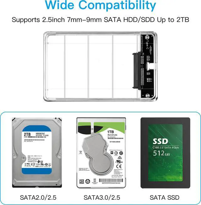 Alt view image 4 of 5 - 2.5' USB C External Hard Drive Enclosure, USB3.1 to SATA  Type C Portable Clear Hard Disk Case for 2.5 inch 7mm 9.5mm SATA HDD SSD, Support UASP SATA III, Max 4TB, Tool-Free Design
