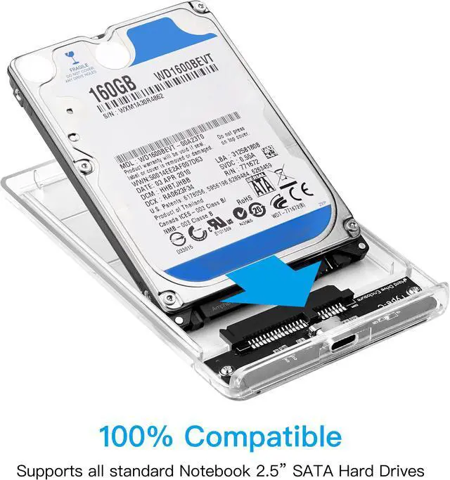 Alt view image 5 of 5 - 2.5' USB C External Hard Drive Enclosure, USB3.1 to SATA  Type C Portable Clear Hard Disk Case for 2.5 inch 7mm 9.5mm SATA HDD SSD, Support UASP SATA III, Max 4TB, Tool-Free Design