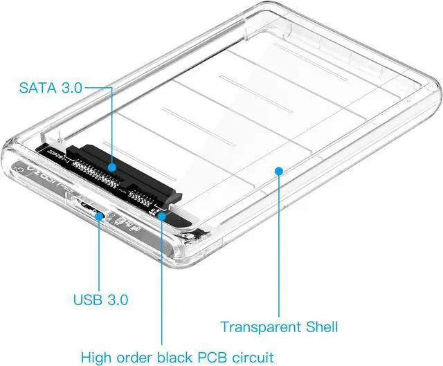 Alt view image 3 of 6 - 2.5' USB 3.0 External Hard Drive Enclosure, USB3.0 to SATA Portable Clear Hard Disk Case for 2.5 inch 7mm 9.5mm SATA HDD SSD, Support UASP SATA III, Max 4TB, Tool-Free Design