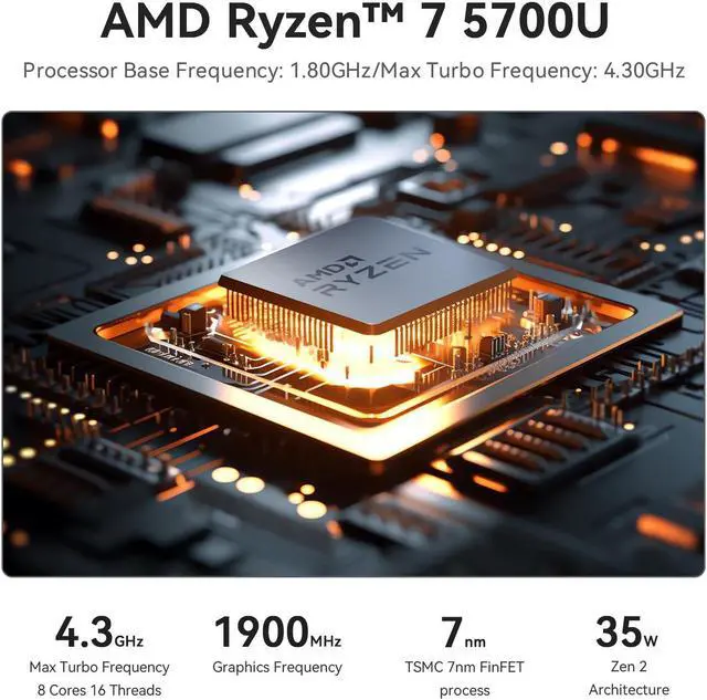 Alt view image 3 of 7 - SER5 Mini PC, AMD Ryzen 7 5700U(8C/16T up to 4.3GHz),16GB DDR4 500GB NVME SSD WiFi 6/BT5.2/HDMI+Type-C+DP Triple Display Mini Office Business Gaming Computer