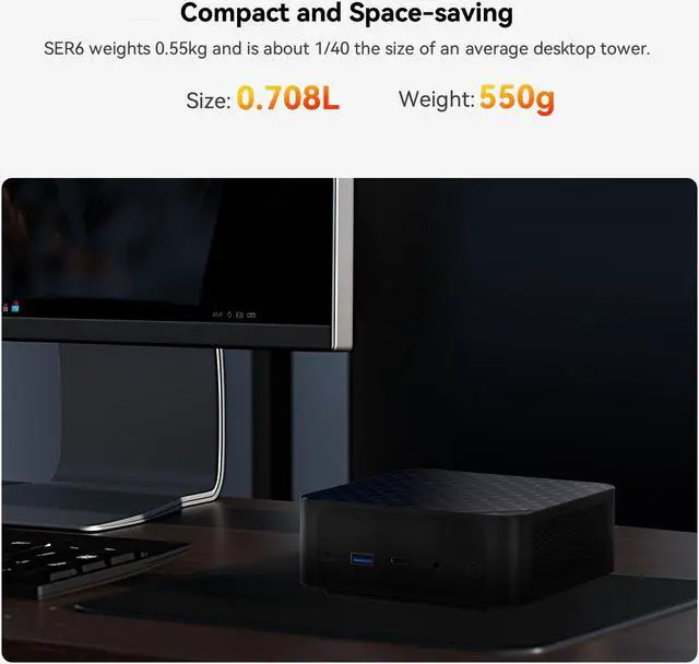 Alt view image 6 of 7 - Beelink SER6-P Mini PC, AMD Ryzen 9 6900HX(8C/16T up to 4.9GHz), 32GB DDR5 500GB SSD,1 x HDMI 2.1/1 x Type-C USB4/ 1x Type-C USB 3.2/2 x USB 3.2/1 x USB 2.0/1 x DP/ BT5.2/ 1x RJ45(2.5G)