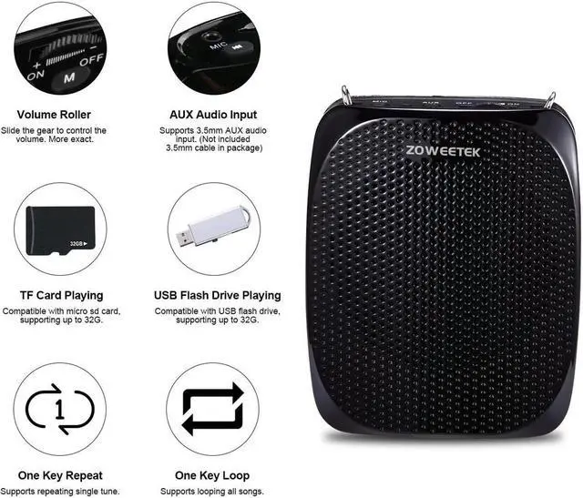 Alt view image 3 of 7 - New Zoweetek Portable Rechargeable Mini Voice Amplifier with Wired Microphone Headset and Waistband Supports MP3 Format Audio for Teachers Singing Coaches Training Presentation Tour Guide