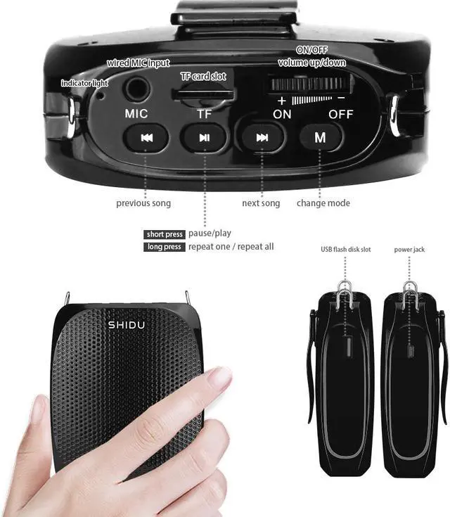 Alt view image 7 of 7 - New Shidu   Portable Rechargeable Mini Voice Amplifier with Wired Microphone Headset and Waistband Supports MP3 Format Audio for Teachers Singing Coaches Training Presentation Tour Guide