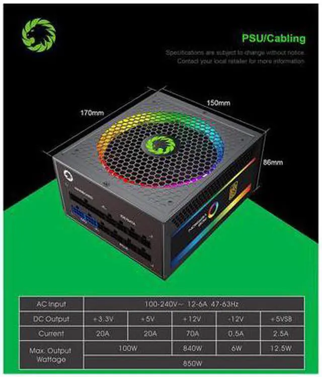 Alt view image 4 of 7 - GMX RGB Power Supply, ATX Power Supply 850W Fully Modular 80+ Gold Certified with Addressable RGB Light 14CM RGB Fan - Vairous Color Mode, RGB-850-Rainbow