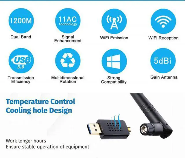 Alt view image 3 of 6 - USB WiFi adapter 1200Mbps, USB 3.0 wireless network adapter, dual-band 2.4GHz 5.8GHz 802.11ac WiFi dongle, 5dBi antenna, support Windows 10 8 7 Vista XP, Mac 10.6-10.13, Linux