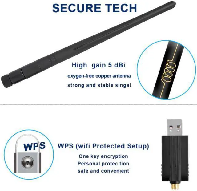 Alt view image 3 of 7 - SAKOSE USB 3.0 WiFi adapter 1200Mbps dual-band wireless network adapter 802.11 AC 5dBi antenna, suitable for desktop laptops WiFi dongle compatible with Windows XP / Vista / 7/8 / 8.1 / 10 Mac OS X 10