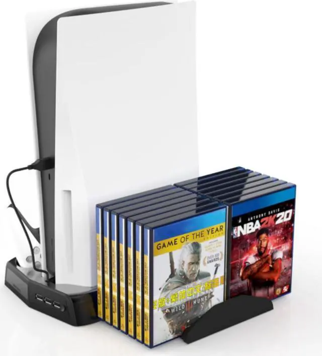 Main image of SA PS5 console cooling vertical stand with cooling fan for PS5 console and Playstation 5 digital/optical drive version. Dual-controller charging station with 3 USB hubs, storing up to 14 CD games
