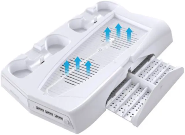Alt view image 4 of 6 - SA PS5 console cooling vertical stand with cooling fan for PS5 console and Playstation 5 digital/optical drive version. Dual-controller charging station with 3 USB hubs, storing up to 14 CD games