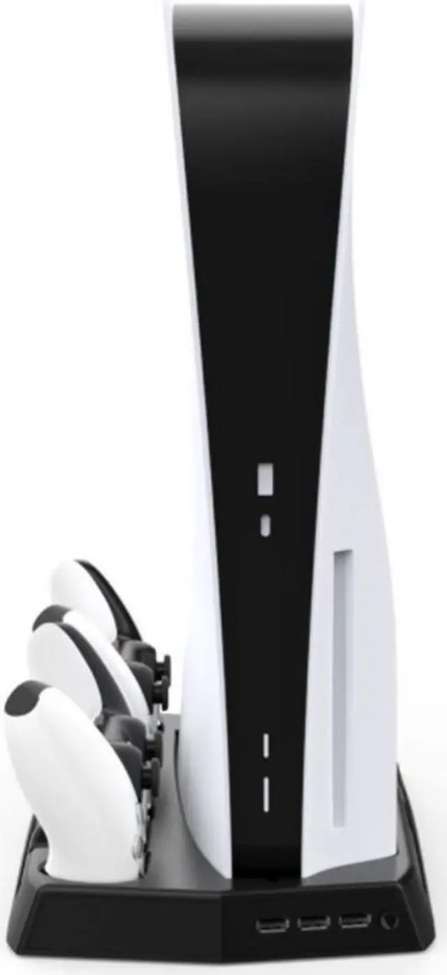 Alt view image 5 of 6 - SA PS5 console cooling vertical stand with cooling fan for PS5 console and Playstation 5 digital/optical drive version. Dual-controller charging station with 3 USB hubs, storing up to 14 CD games