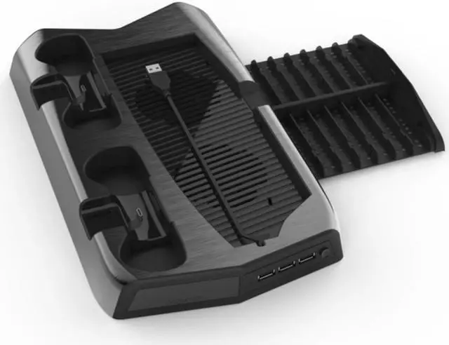 Alt view image 6 of 6 - SA PS5 console cooling vertical stand with cooling fan for PS5 console and Playstation 5 digital/optical drive version. Dual-controller charging station with 3 USB hubs, storing up to 14 CD games