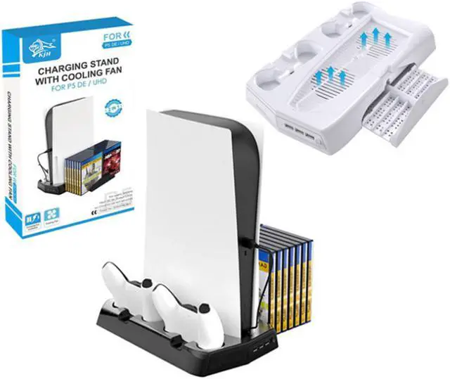 Alt view image 2 of 6 - SA PS5 console cooling vertical stand with cooling fan for PS5 console and Playstation 5 digital/optical drive version. Dual-controller charging station with 3 USB hubs, storing up to 14 CD games