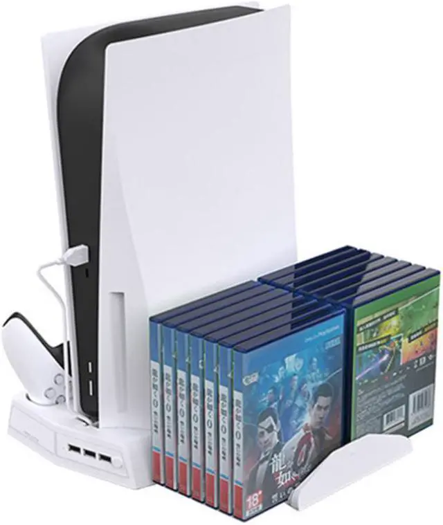 Alt view image 3 of 6 - SA PS5 console cooling vertical stand with cooling fan for PS5 console and Playstation 5 digital/optical drive version. Dual-controller charging station with 3 USB hubs, storing up to 14 CD games