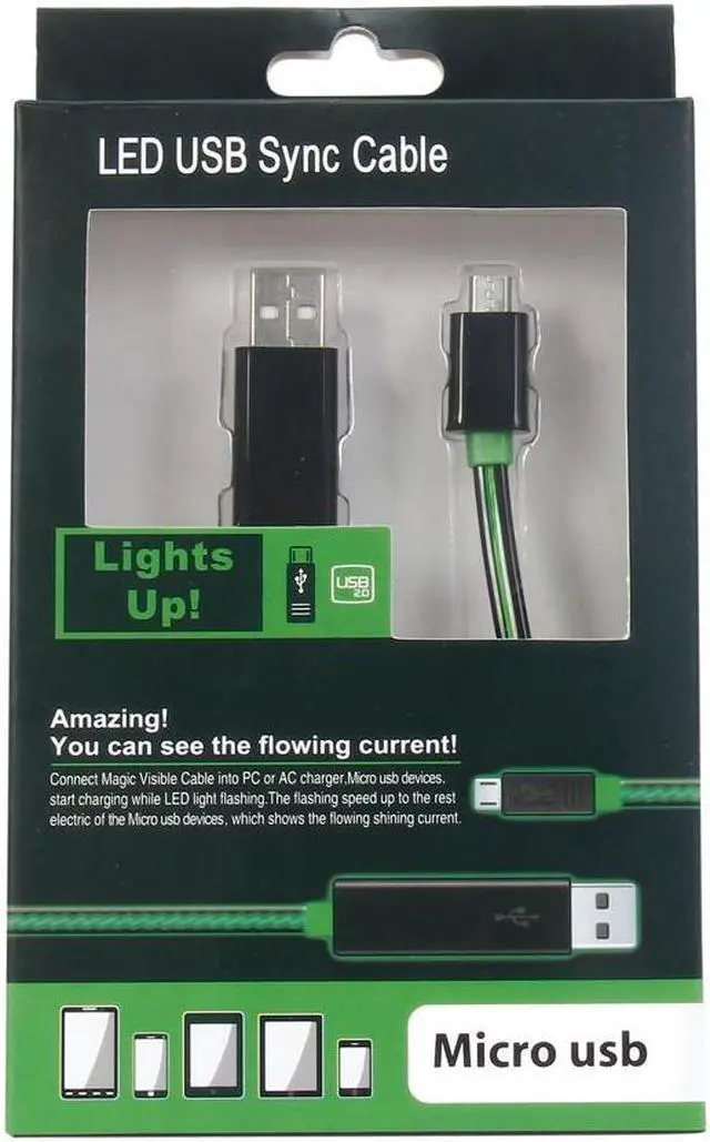 Alt view image 3 of 3 - SA U2MICRO-F3KG Black w/Green light Visible Flowing LED Green Light Micro USB Sync data charging Cable