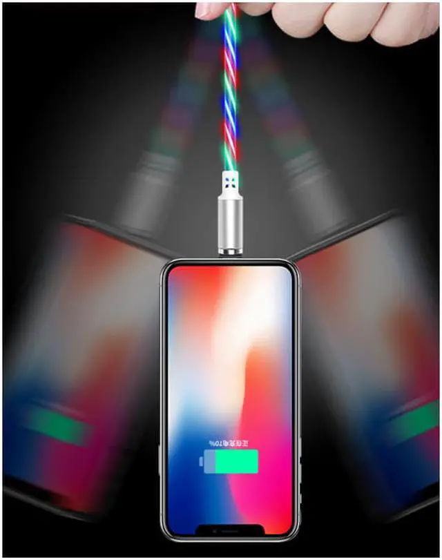 Alt view image 3 of 7 - 3 in 1 colorful LED Flowing Magnetic Charger Blue Cable Light Up Candy Moving Party Shining Charger Phone Charging Cable Magnetic Streamer Absorption USB Snap Quick Connect 3 in 1 USB Cable