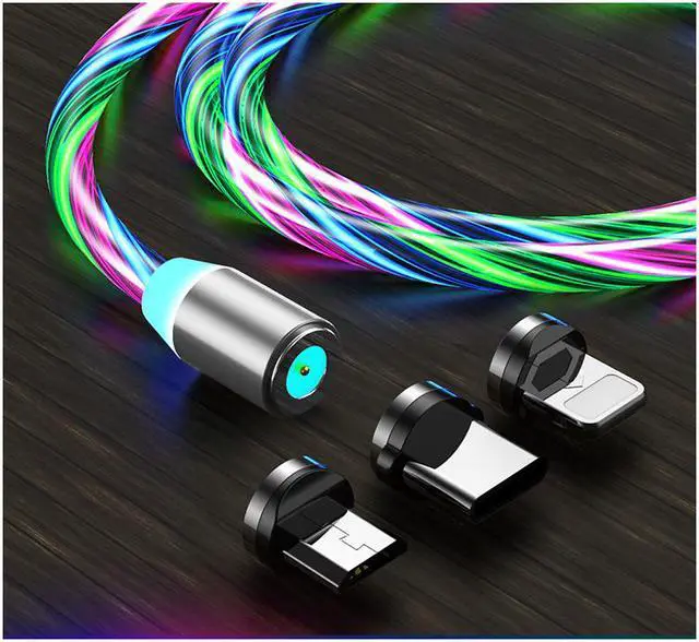 Main image of 3 in 1 colorful LED Flowing Magnetic Charger Blue Cable Light Up Candy Moving Party Shining Charger Phone Charging Cable Magnetic Streamer Absorption USB Snap Quick Connect 3 in 1 USB Cable