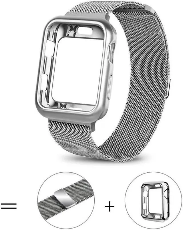 Main image of For Apple Watch 6/5/4/3/2/1/SE Band Replacement Stainless Steel 38mm 40mm 42mm 44mm , Milan magnetic metal strap with Screen Protector Case Sports Wristband,40mm,Silver