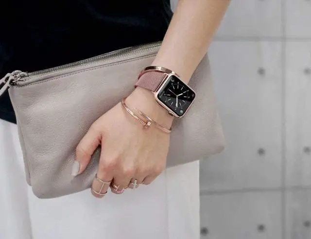 Alt view image 4 of 7 - For Apple Watch 6/5/4/3/2/1/SE Band Replacement Stainless Steel 38mm 40mm 42mm 44mm , Milan magnetic metal strap with Screen Protector Case Sports Wristband,42mm,Rose gold