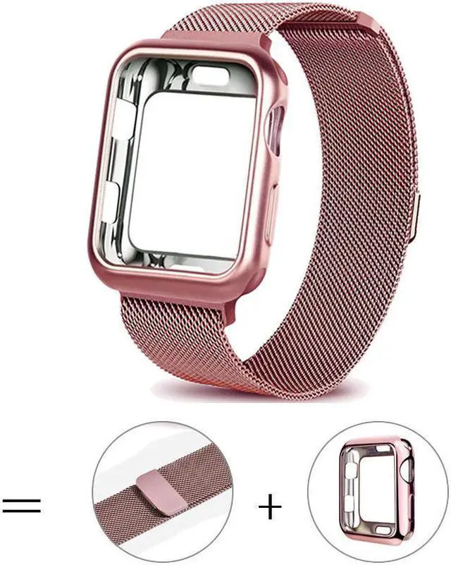 Main image of For Apple Watch 6/5/4/3/2/1/SE Band Replacement Stainless Steel 38mm 40mm 42mm 44mm , Milan magnetic metal strap with Screen Protector Case Sports Wristband,42mm,Rose gold