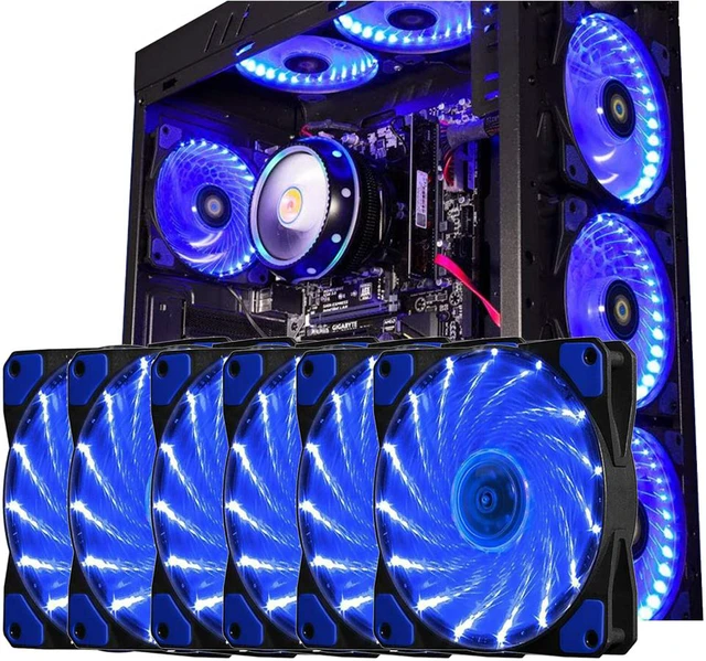 Main image of SA 120mm PC Cooling Computer 16dB Ultra Silent 15 LEDs Case Fan Heatsink Cooler Cooling w/ Anti-Vibration Rubber, 120mm Fan,12VDC, Molex 4pin, Blue LED Lights(6pcs)