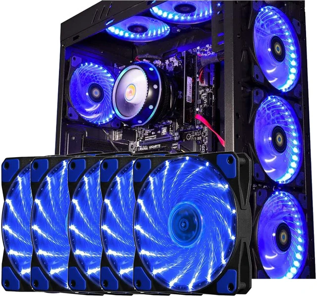 Main image of SA 120mm PC Cooling Computer 16dB Ultra Silent 15 LEDs Case Fan Heatsink Cooler Cooling w/ Anti-Vibration Rubber, 120mm Fan,12VDC, Molex 4pin, Blue LED Lights(5pcs)