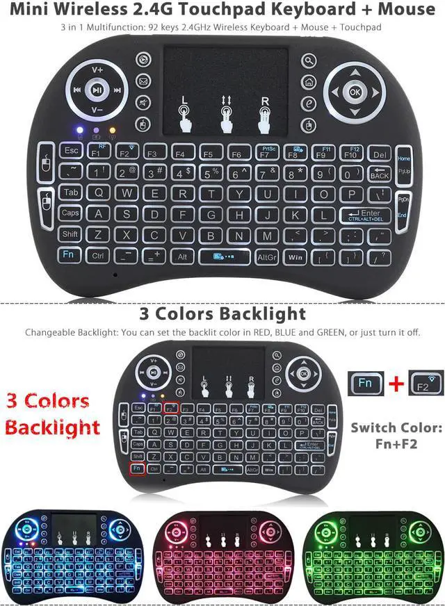 Alt view image 5 of 7 - Rainbow LED Backlit Mini Wireless Keyboard with Touchpad Mouse 2.4GHz QWERTY Keyboard for Raspberry Pi, Smart TV, Xbox 360, PS5,PS4, iOS, Android, Windows PC,Car TV,HTPC,Network player