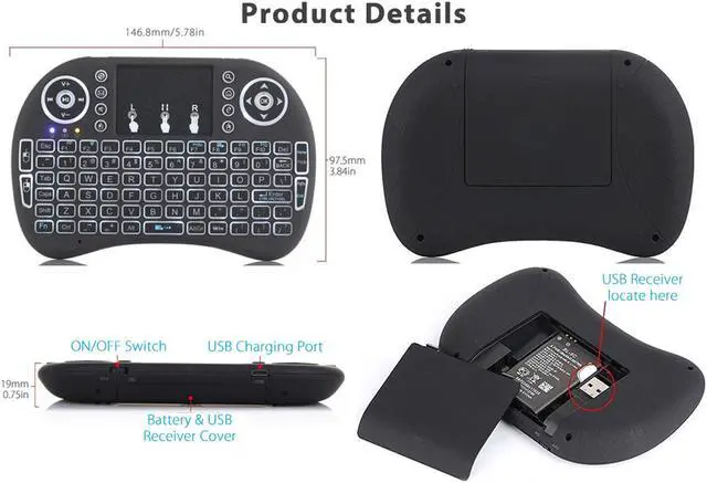 Alt view image 7 of 7 - Rainbow LED Backlit Mini Wireless Keyboard with Touchpad Mouse 2.4GHz QWERTY Keyboard for Raspberry Pi, Smart TV, Xbox 360, PS5,PS4, iOS, Android, Windows PC,Car TV,HTPC,Network player