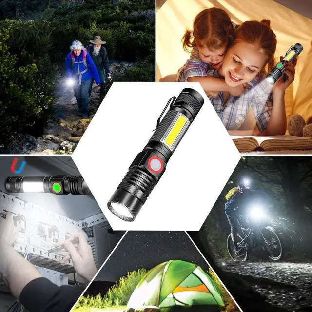 Alt view image 6 of 6 - Rechargeable flashlight (without battery), electromagnetic flashlight with COB side light, super bright Cree LED, waterproof, zoomable, best camping, emergency flashlight