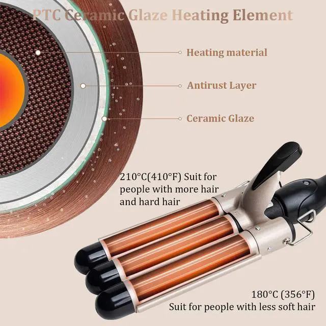 Alt view image 4 of 7 - 3 Barrel Curling Iron Wand Dual Voltage Hair Crimper Temperature Adjustable 25mm Hair Crimper ,1 Inch Ceramic Tourmaline Triple Barrels ,Hair Waving Styling Tools