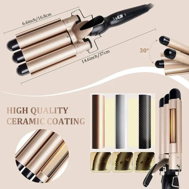 Alt view image 3 of 7 - 3 Barrel Curling Iron Wand Dual Voltage Hair Crimper Temperature Adjustable 25mm Hair Crimper ,1 Inch Ceramic Tourmaline Triple Barrels ,Hair Waving Styling Tools