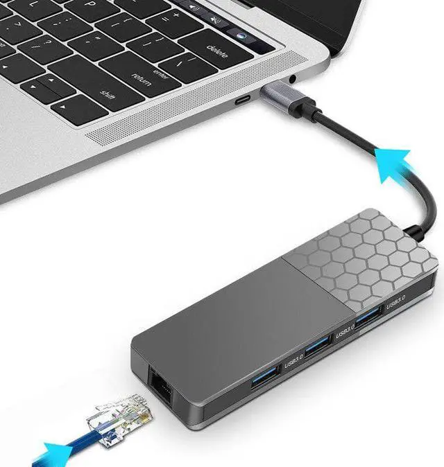 Alt view image 3 of 5 - 6 In 1Type-C Hub USB-C Type-C Hub Docking Station USB 3.0 / RJ45 Fast Speed Transfer SD TF Card Reader Adaptors Charger Hub