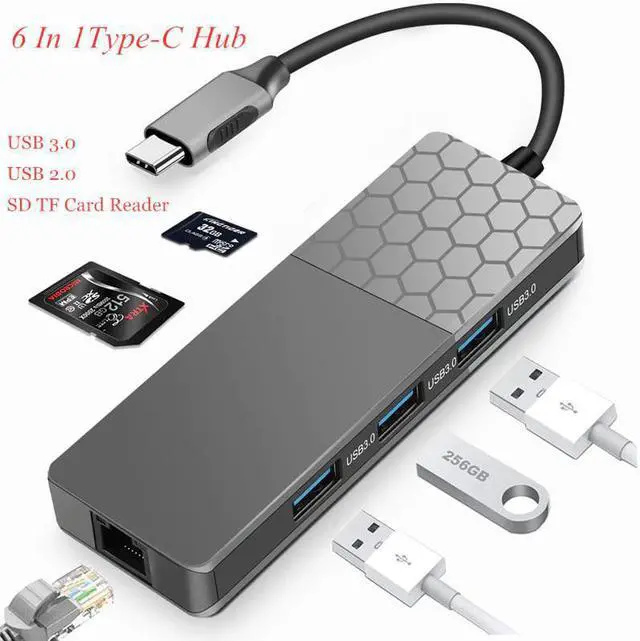 Main image of 6 In 1Type-C Hub USB-C Type-C Hub Docking Station USB 3.0 / RJ45 Fast Speed Transfer SD TF Card Reader Adaptors Charger Hub