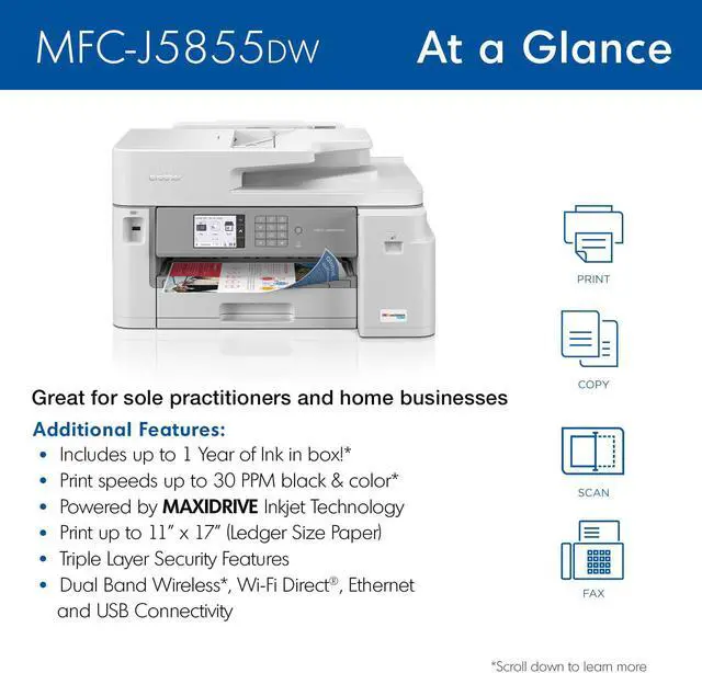 Alt view image 2 of 6 - Brother MFC-J5855DW INKvestment Tank Color Inkjet All-In-One Printer with up to 1 Year of Ink In-box1 and to 11 x 17 printing capabilities