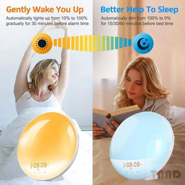Alt view image 6 of 7 - Wake-up lamp sunrise alarm clock, 7-color bedside night lamp, with sunrise sunset simulation, double alarm clock, snooze function, FM radio clock and 7 kinds of natural sounds Equipped with US charger