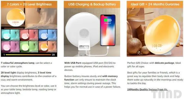 Alt view image 4 of 7 - Wake-up lamp sunrise alarm clock, 7-color bedside night lamp, with sunrise sunset simulation, double alarm clock, snooze function, FM radio clock and 7 kinds of natural sounds Equipped with US charger