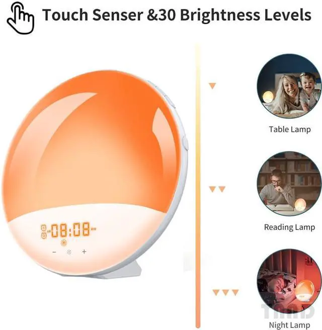 Alt view image 2 of 7 - Wake-up lamp sunrise alarm clock, 7-color bedside night lamp, with sunrise sunset simulation, double alarm clock, snooze function, FM radio clock and 7 kinds of natural sounds Equipped with US charger