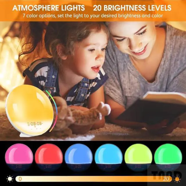 Alt view image 5 of 7 - Wake-up lamp sunrise alarm clock, 7-color bedside night lamp, with sunrise sunset simulation, double alarm clock, snooze function, FM radio clock and 7 kinds of natural sounds Equipped with US charger