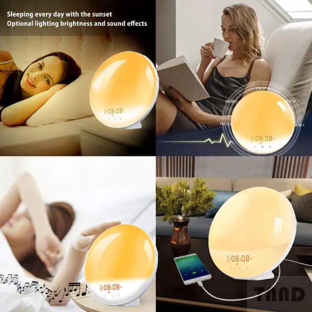 Alt view image 3 of 7 - Wake-up lamp sunrise alarm clock, 7-color bedside night lamp, with sunrise sunset simulation, double alarm clock, snooze function, FM radio clock and 7 kinds of natural sounds Equipped with US charger