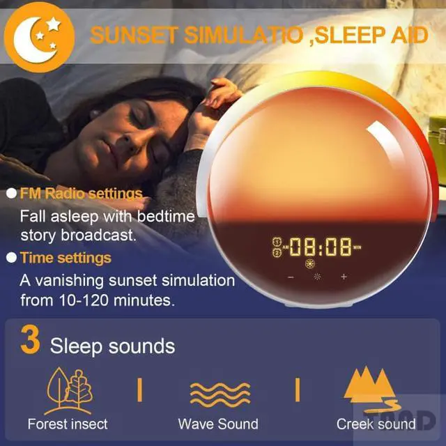 Alt view image 7 of 7 - Wake-up lamp sunrise alarm clock, 7-color bedside night lamp, with sunrise sunset simulation, double alarm clock, snooze function, FM radio clock and 7 kinds of natural sounds Equipped with US charger