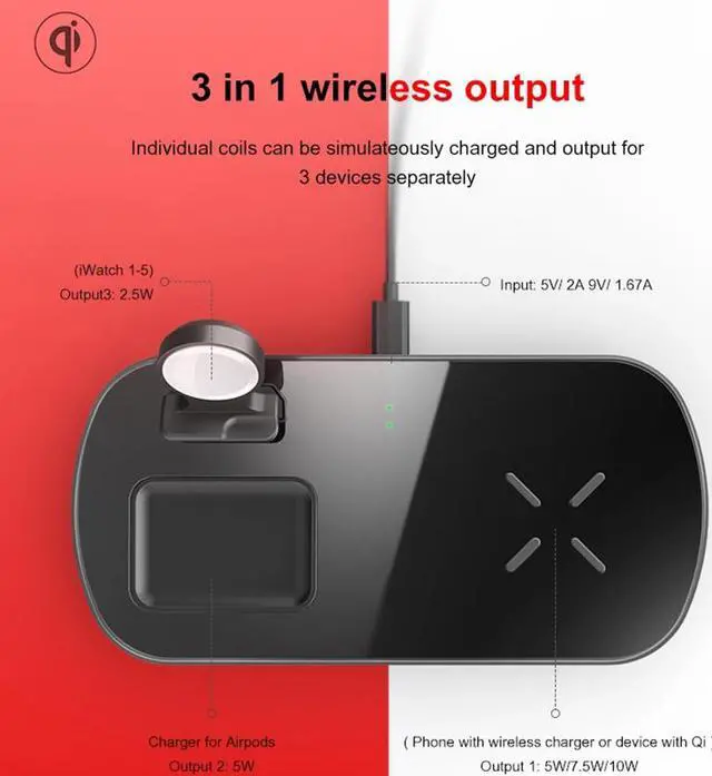 Alt view image 2 of 7 - Qi Wireless Charger for Apple Watch 3 in 1 Fast Wireless Charging Station Pad for Airpods Pro iPhone 11 Samsung S20