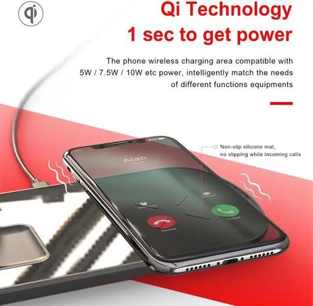 Alt view image 3 of 7 - Qi Wireless Charger for Apple Watch 3 in 1 Fast Wireless Charging Station Pad for Airpods Pro iPhone 11 Samsung S20