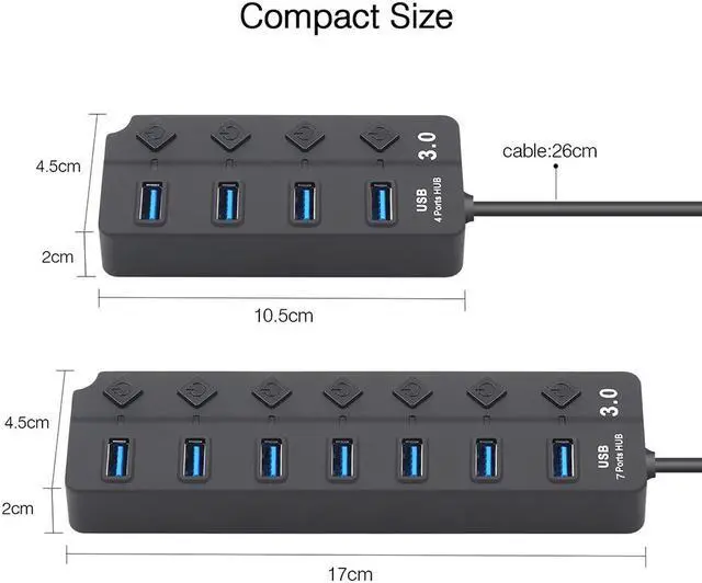 Alt view image 6 of 7 - USB Hub 3.0, Hannord 4-Port USB Data Hub Splitter with One Smart Charging Port Individual On/Off Switches and Power LED, USB Extension for MacBook, Mac Pro/Mini and More