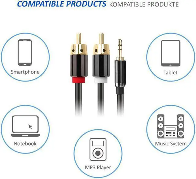 Alt view image 6 of 7 - RCA to 3.5mm Audio Cable, Hannord 3.5mm Male to 2RCA Male RCA Cable, Y Splitter Stereo Audio Cable for Subwoofer, Receiver, Speakers and More, 1 Meter / 3.3ft.