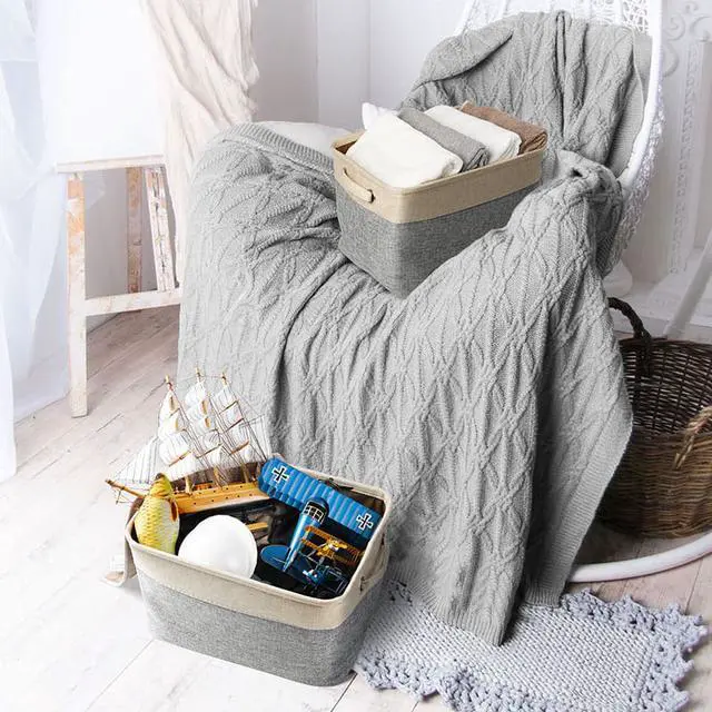 Alt view image 6 of 7 - Hannord Large Storage Basket Bin Set [3-Pack] Storage Cube Box Foldable Canvas Fabric Collapsible Organizer With Handles For Home Office Closet (Beige / Grey)