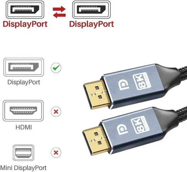 Alt view image 6 of 6 - DisplayPort Cable, Hannord 8K DP Cable Nylon Braided (8K@60Hz, 4K@120hz) Display Port Cable V1.4 Ultra High Speed DisplayPort to DisplayPort Cable 16.4ft for Laptop PC TV - Gaming Monitor Cable(Grey)