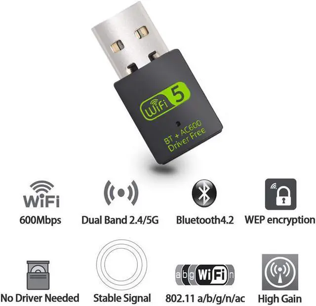 Alt view image 2 of 7 - USB WiFi Bluetooth Adapter, Hannord 600Mbps Dual Band 2.4/5Ghz Wireless Network External Receiver, Mini WiFi Dongle for PC/Laptop/Desktop