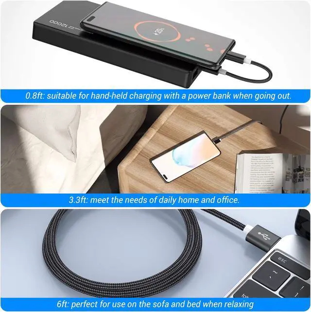 Alt view image 5 of 7 - USB Type C Fast Charging Cable, Hannord 4 Pack (0.8/3.3/3.3/6.6FT) Nylon Braided Data Sync Transfer Cord, Compatible with Samsung Galaxy S10 S9 Note 9 8, LG G7 V30 V20 G6, Google Pixel (Black)